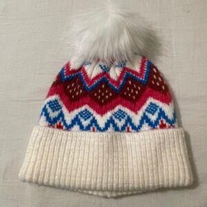 LOFT Fair Isle Pom Beanie Hat‎ Winter Knit Cap Colorful Womens Warm